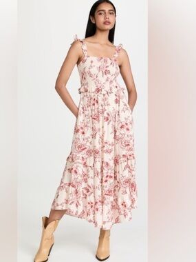 Lost + Wander paradise song smocked Cream midi dress with Red Floral Print